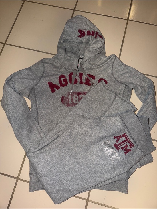 PINK Victoria's Secret Pants - PINK Victoria's Secret Gray Hoodie & Boot‑Cut Sweatpants with Maroon Logo